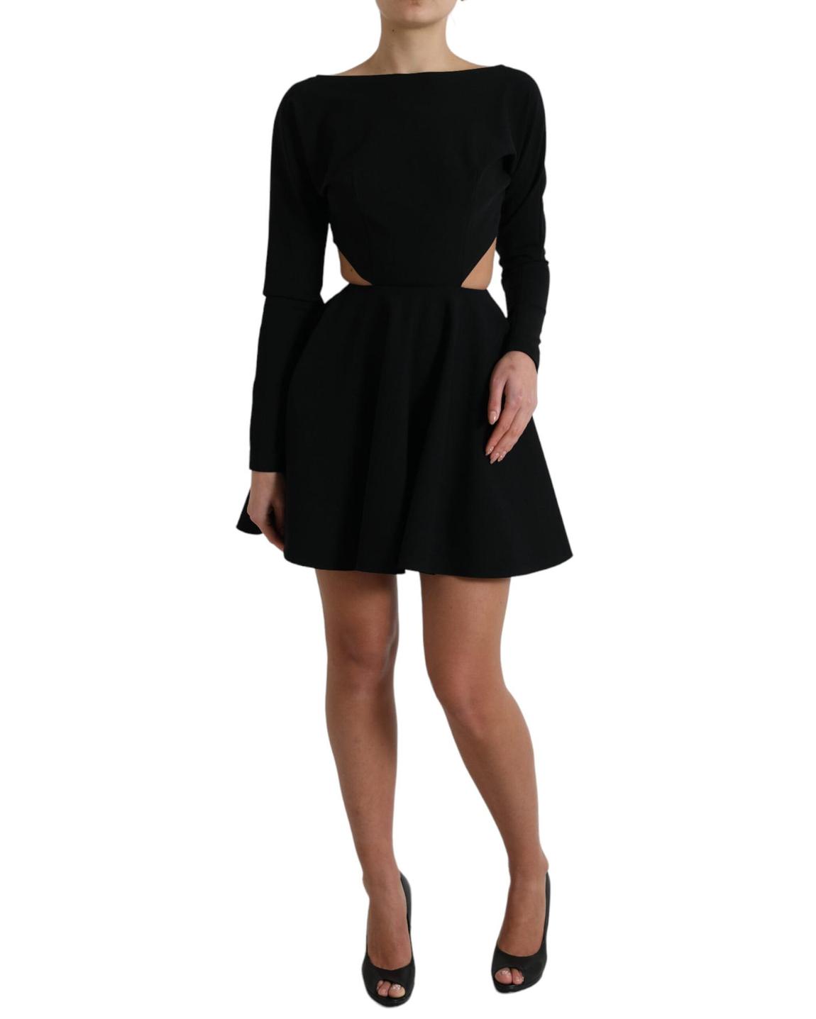 Cutout Mini Dress Long Sleeves Skater Style - Black Dresses main product photo
