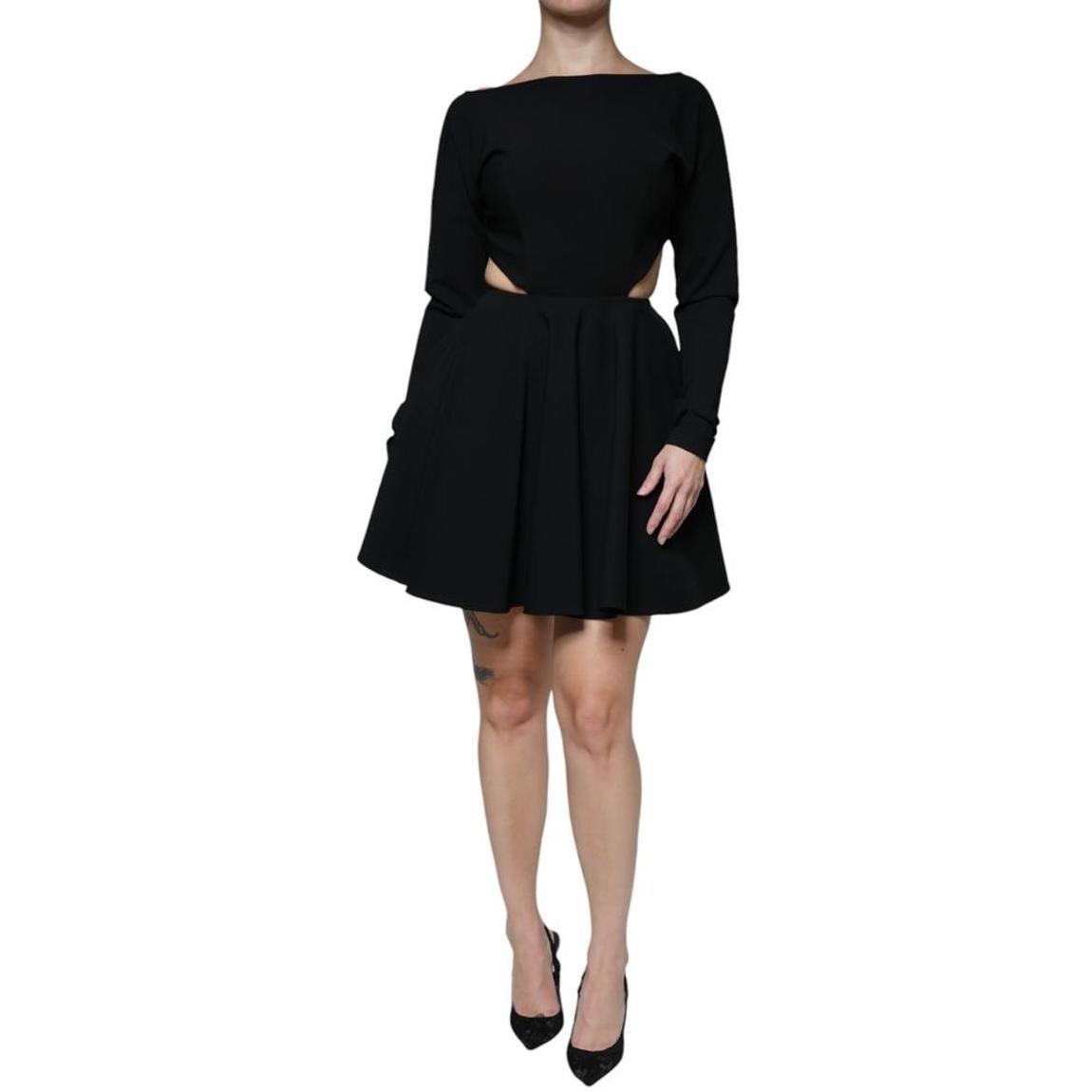 Cutout Mini Dress Long Sleeves Skater Style Wo - Black Dresses main product photo
