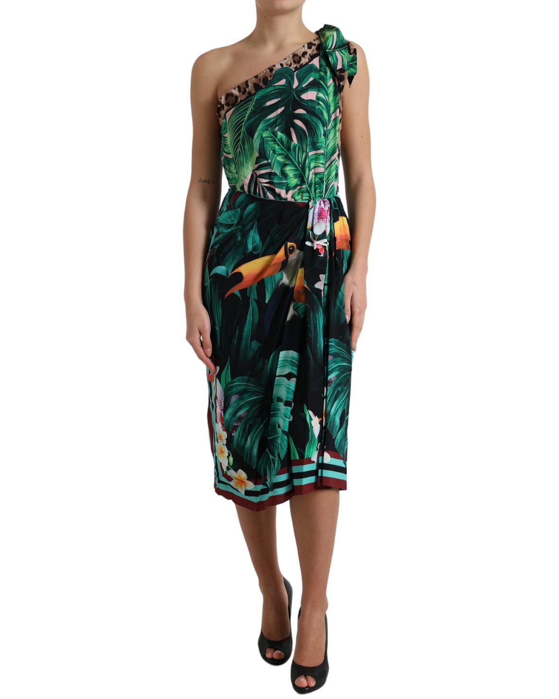 OneShoulder Tropical Print Midi Dress Wo - Green Dresses main product photo