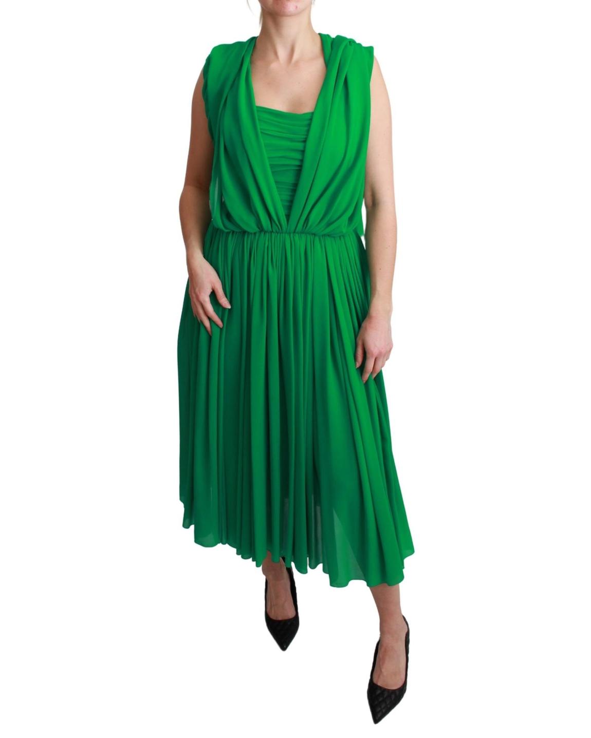 Dolce Gabbana Pleated Midi Dress Sleeveless VNeck Wo - Green main product photo