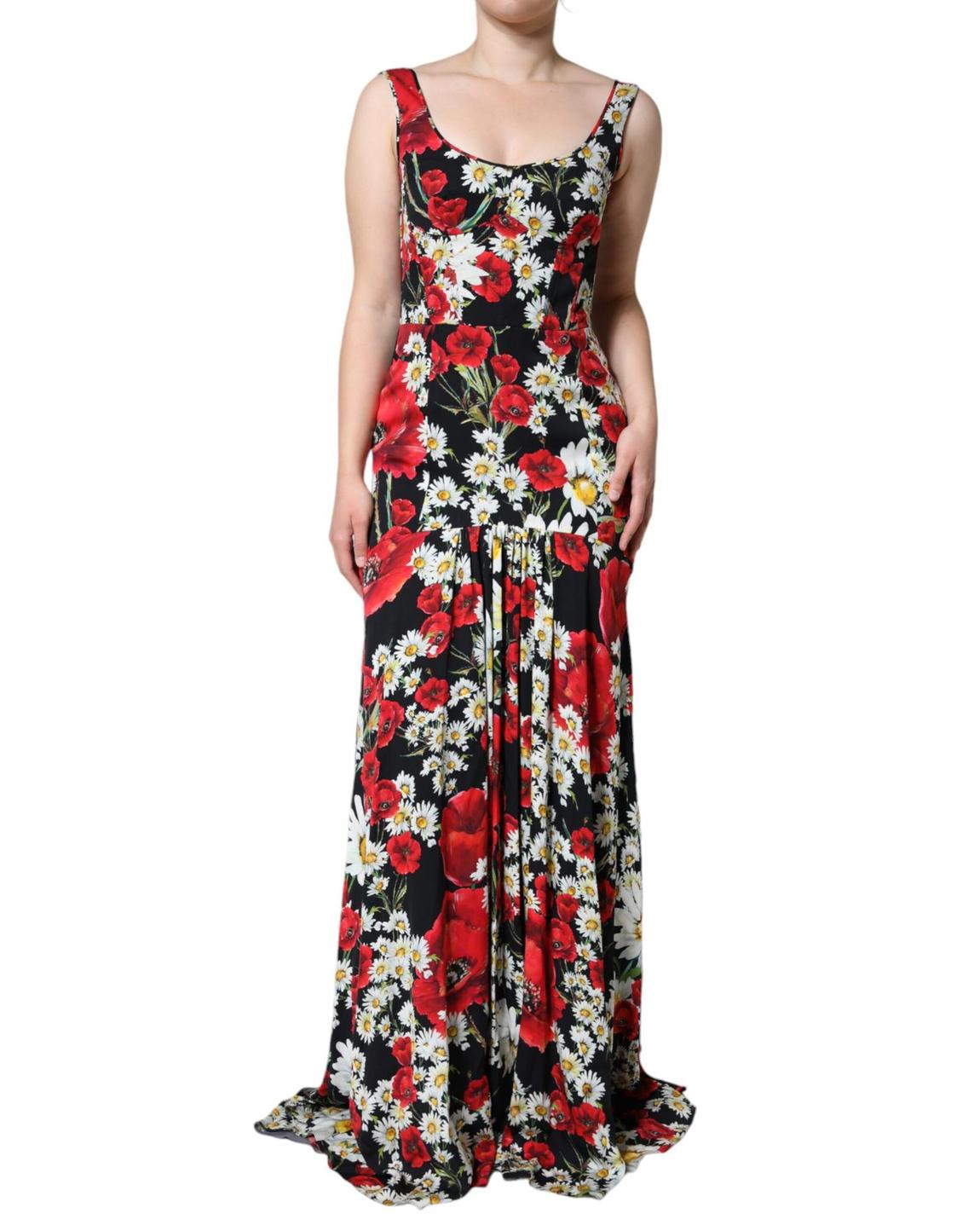 Floral Silk Maxi Dress Sleeveless Scoop Neck Gown - Black main product photo