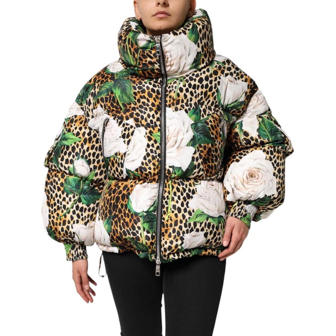 Leopard Rose Floral Quilted Puffer Jacket with Zipper Closure Wo - main product photo