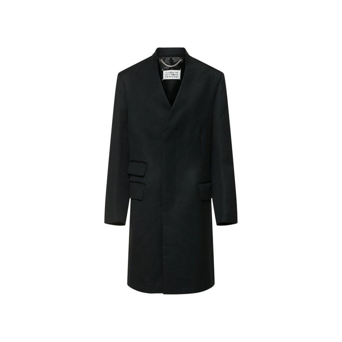 Elegant Wool Coat with Padded Shoulders and V Neckline - Black main product photo