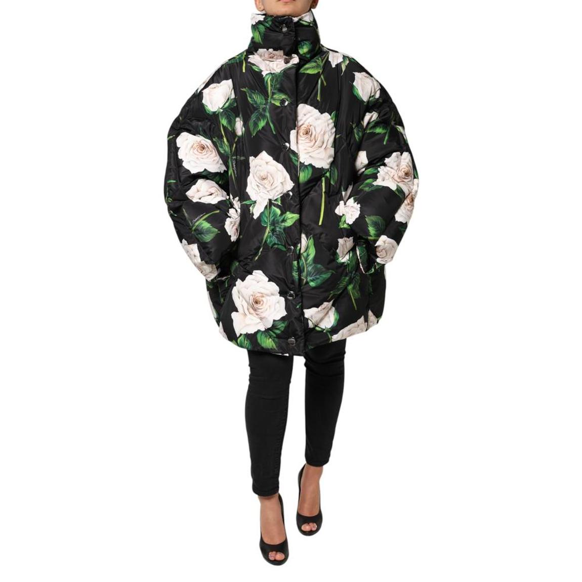 Floral Print Quilted Puffer Jacket with Zipper Closure Wo - Black main product photo