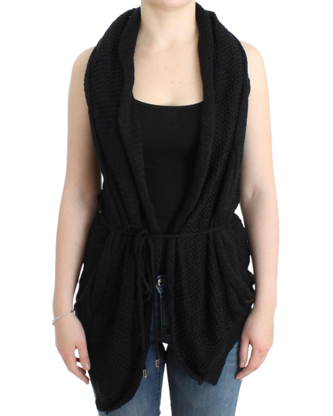 Knit Cardigan Vest Drawstring Waist Wo - Black Sweaters main product photo