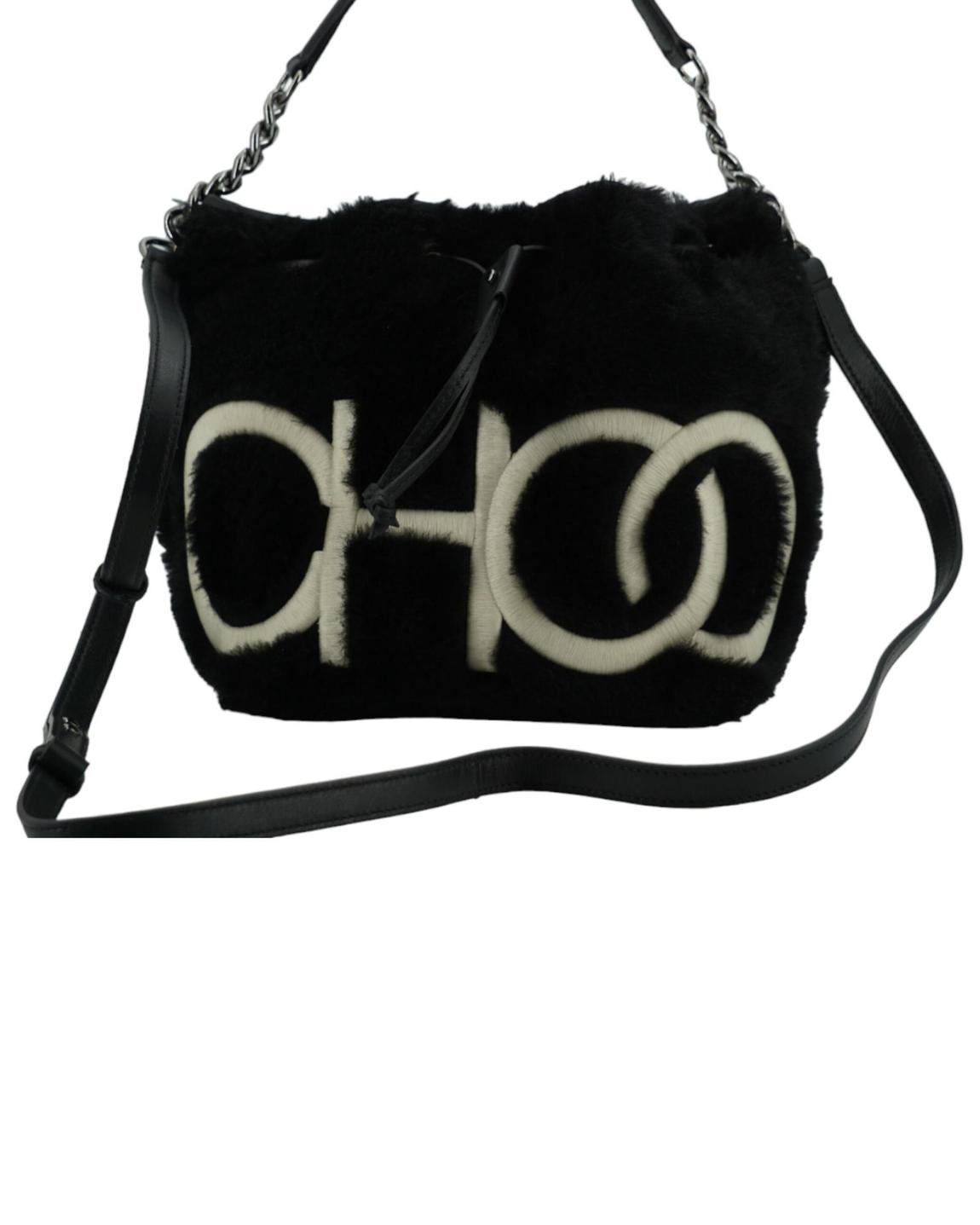 Shearling Bucket Bag with Embroidered Logo - Black Tote Bags main product photo