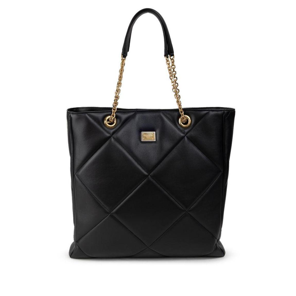 Matelasse Leather Tote Bag with Gold Chain Handles Wo - Black main product photo