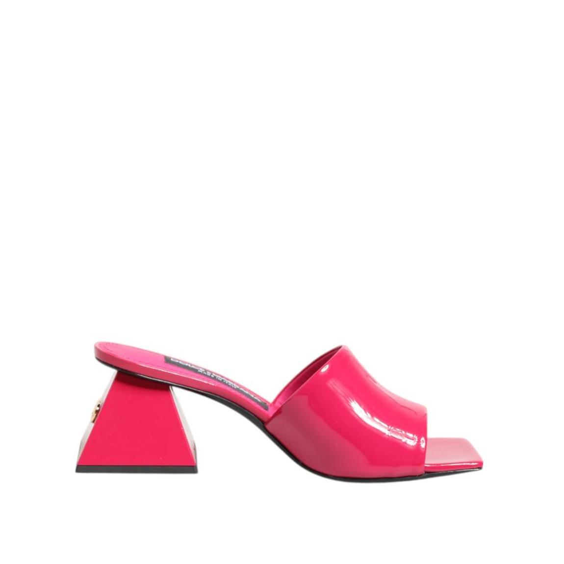 Open Toe Block Heel Mules Sandals with Gold-Tone Logo Wo - Pink main product photo