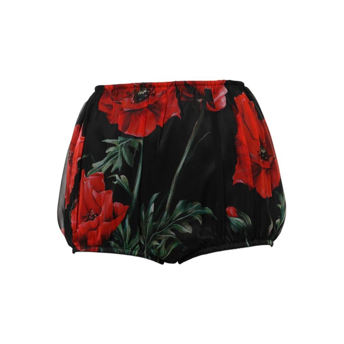 Floral High Waist Silk Hot Pants with Zipper Closure - Black main product photo
