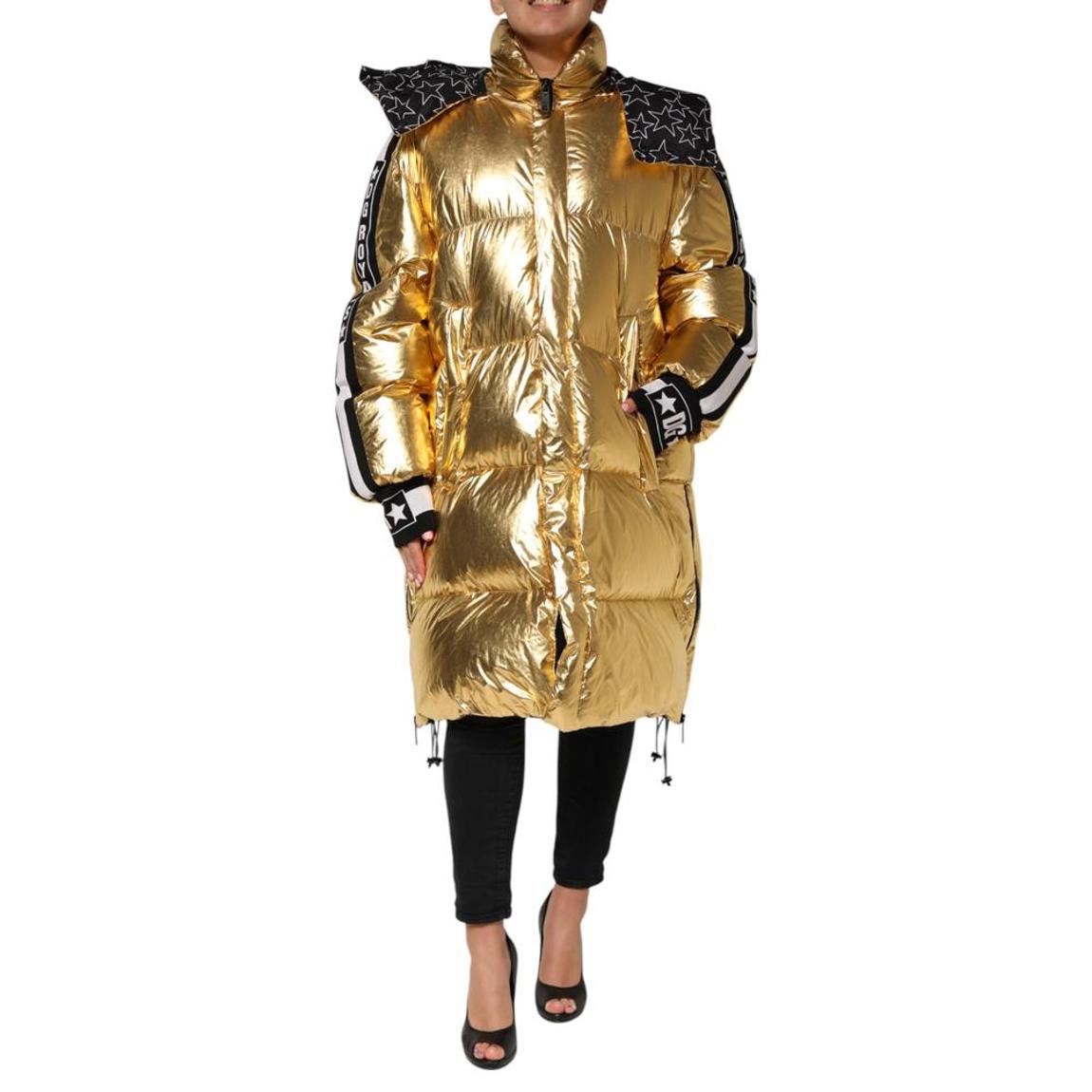 Hooded Puffer Quilted Full Zip Jacket with Logo Details Wo - Gold main product photo