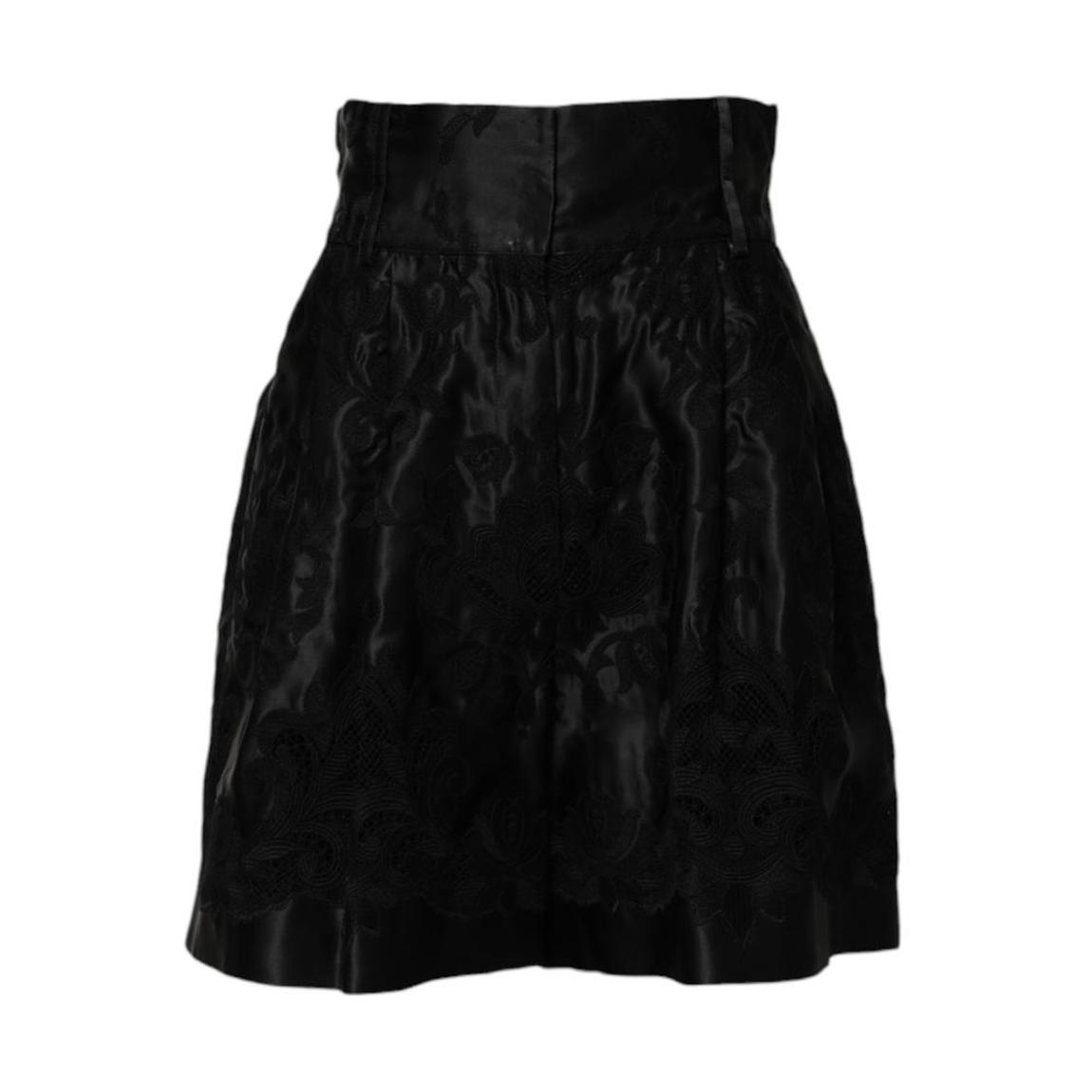 Floral Embroidery High Waist Silk Shorts - Black main product photo