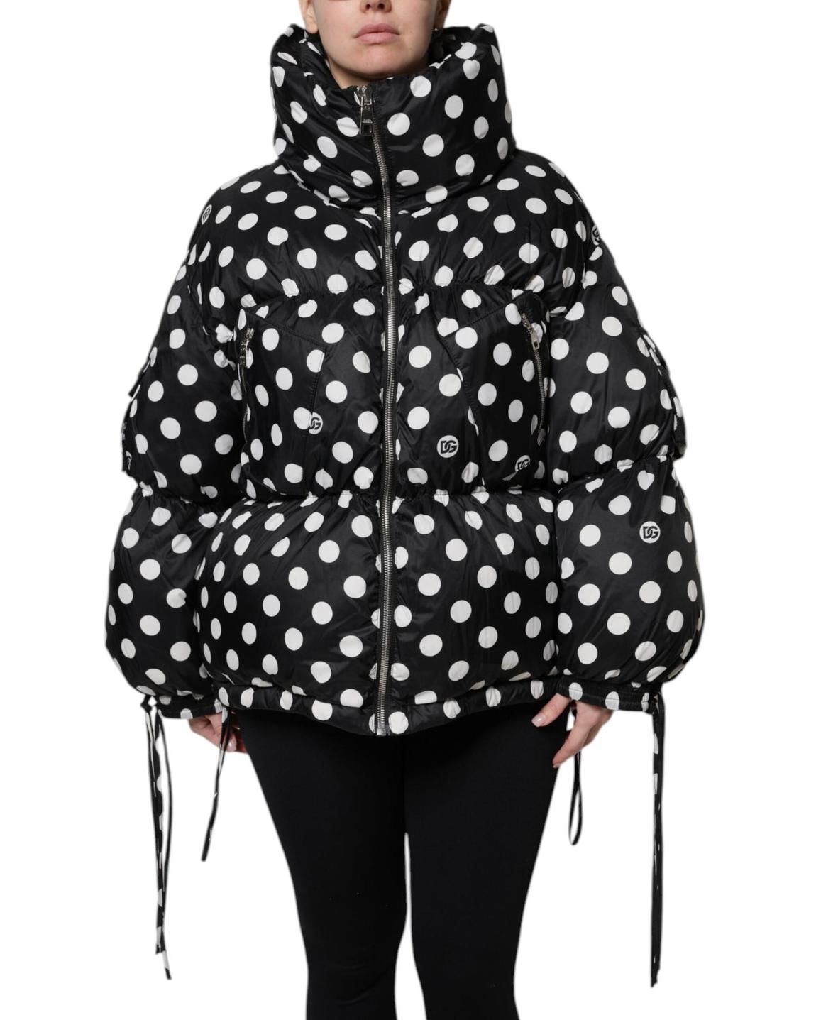 Polka Dot Puffer Jacket with Drawstrings - Black And White main product photo