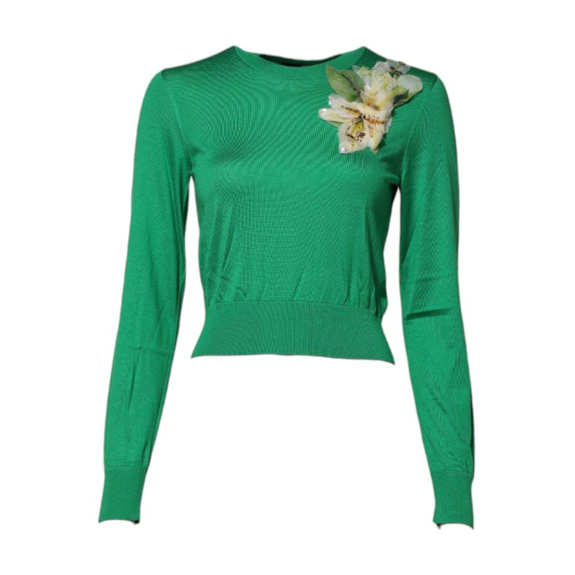 Floral Detailing Silk Pullover Sweater - Green main product photo