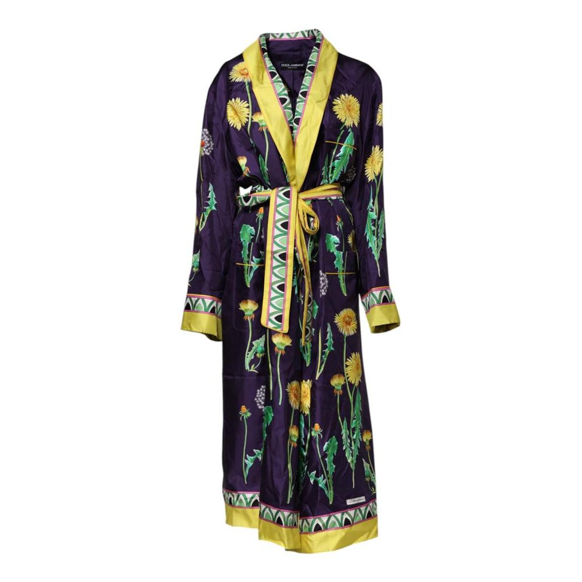 Floral Print Silk Long Sleeves Wrap Robe Wo - Blue Sleepwear main product photo