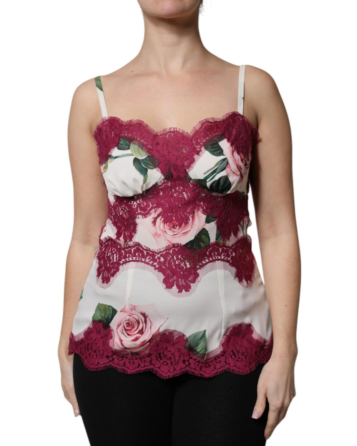 Floral Lace Trim Camisole Top - White Tops main product photo