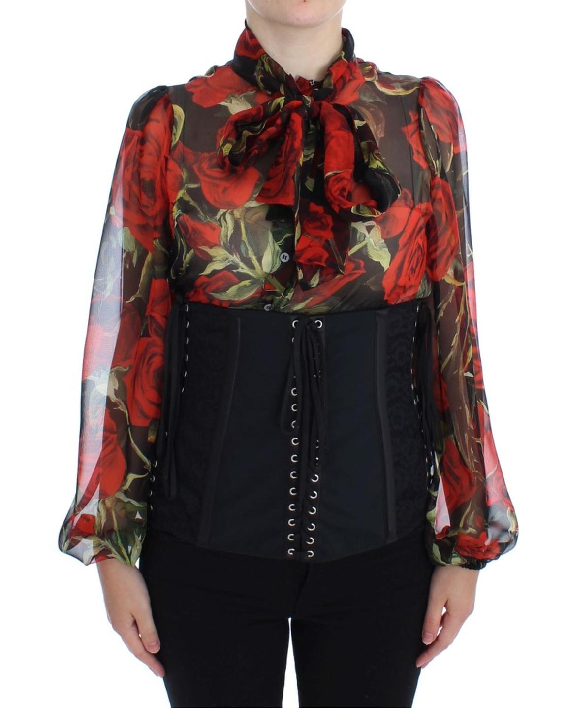Rose Print Corset Top Long Sleeve Wo - Black Tops main product photo