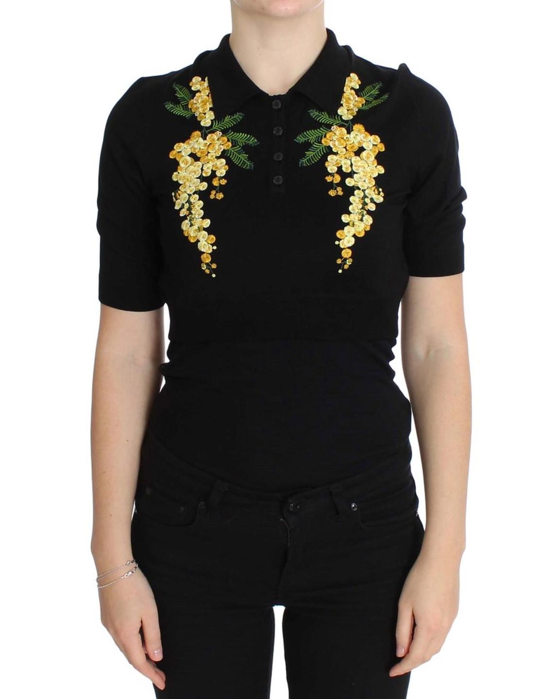 Floral Polo Shirt Short Sleeves Casual Top - Black Tops main product photo