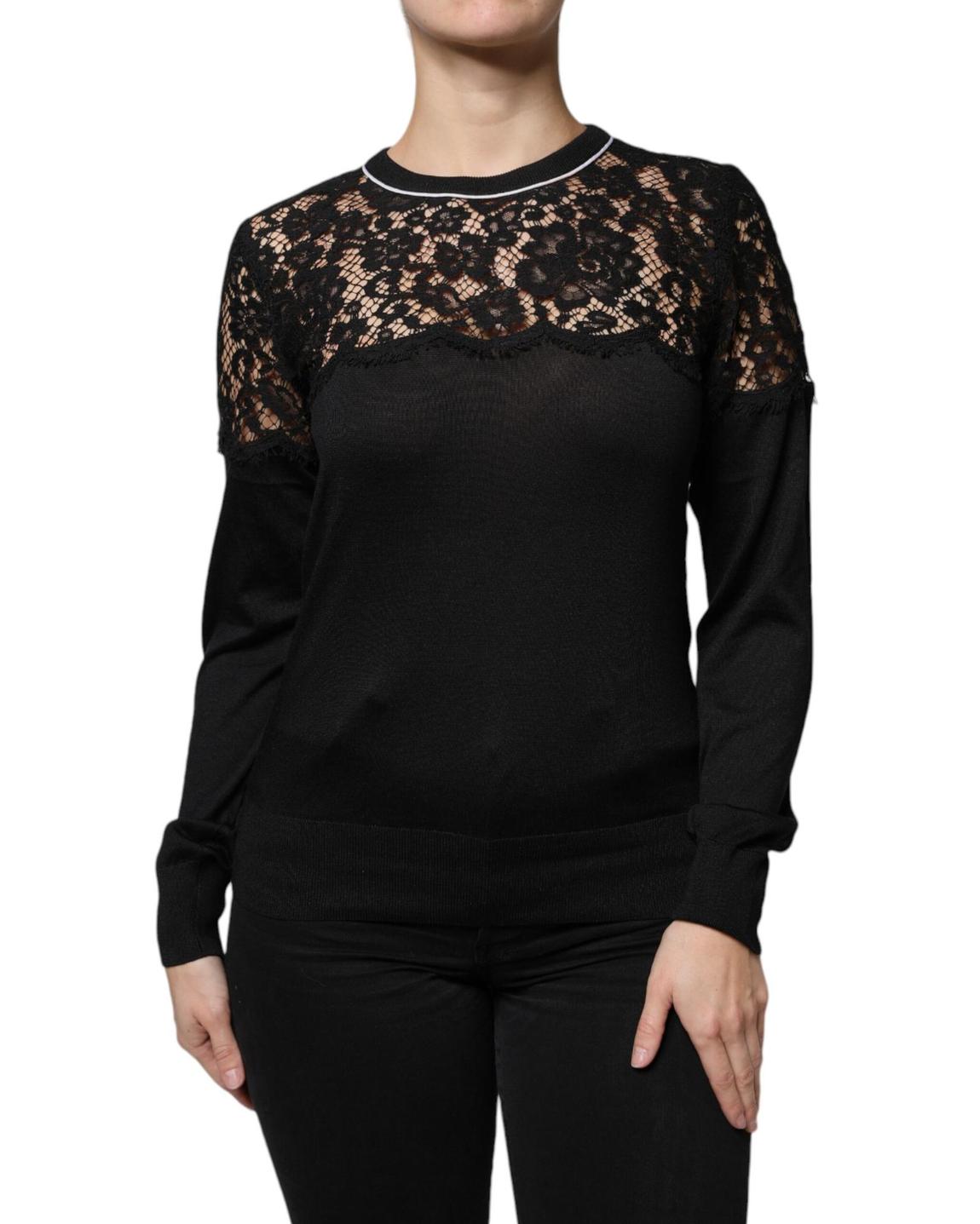 LaceYoke Knit Top TSH86804 Wo - Black Tops main product photo