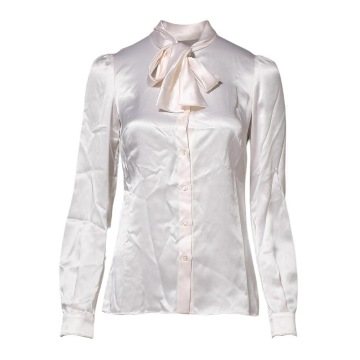 Ascot Collar Long Sleeve Silk Blouse with Button Closure - White main product photo