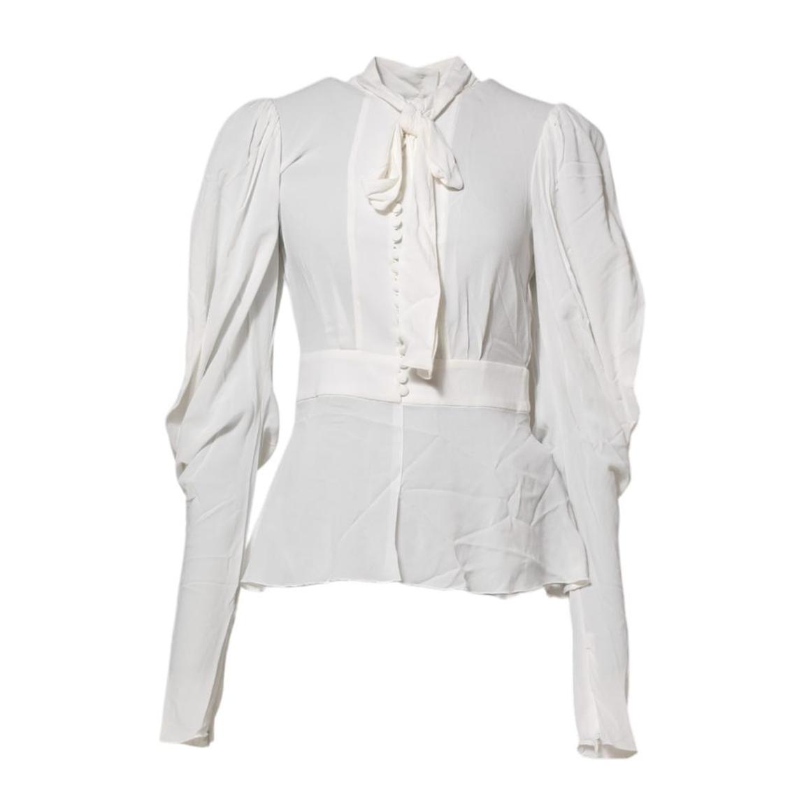 Ascot Collar Long Sleeve Viscose Top with Button Closure - White main product photo