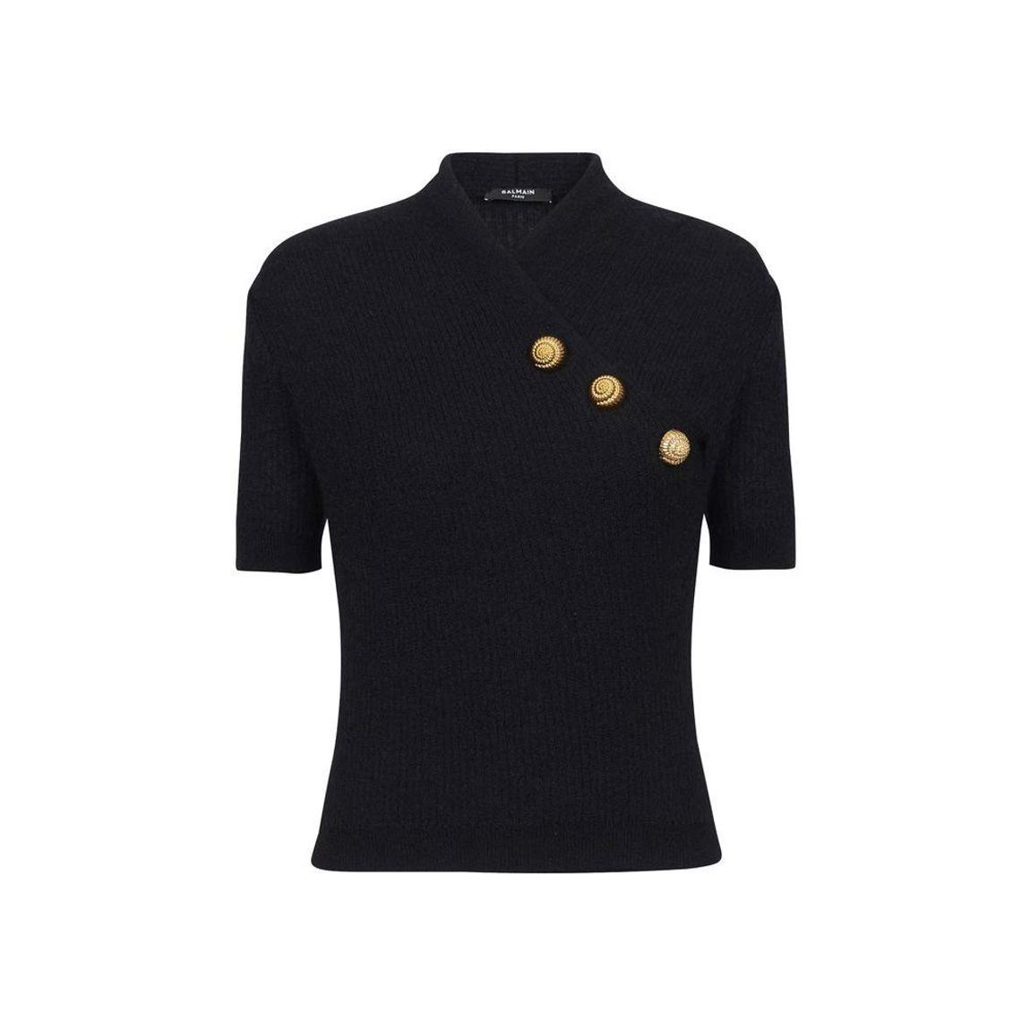 Wool Blend Knitted Top with Gold Metal Buttons - Black Tops main product photo