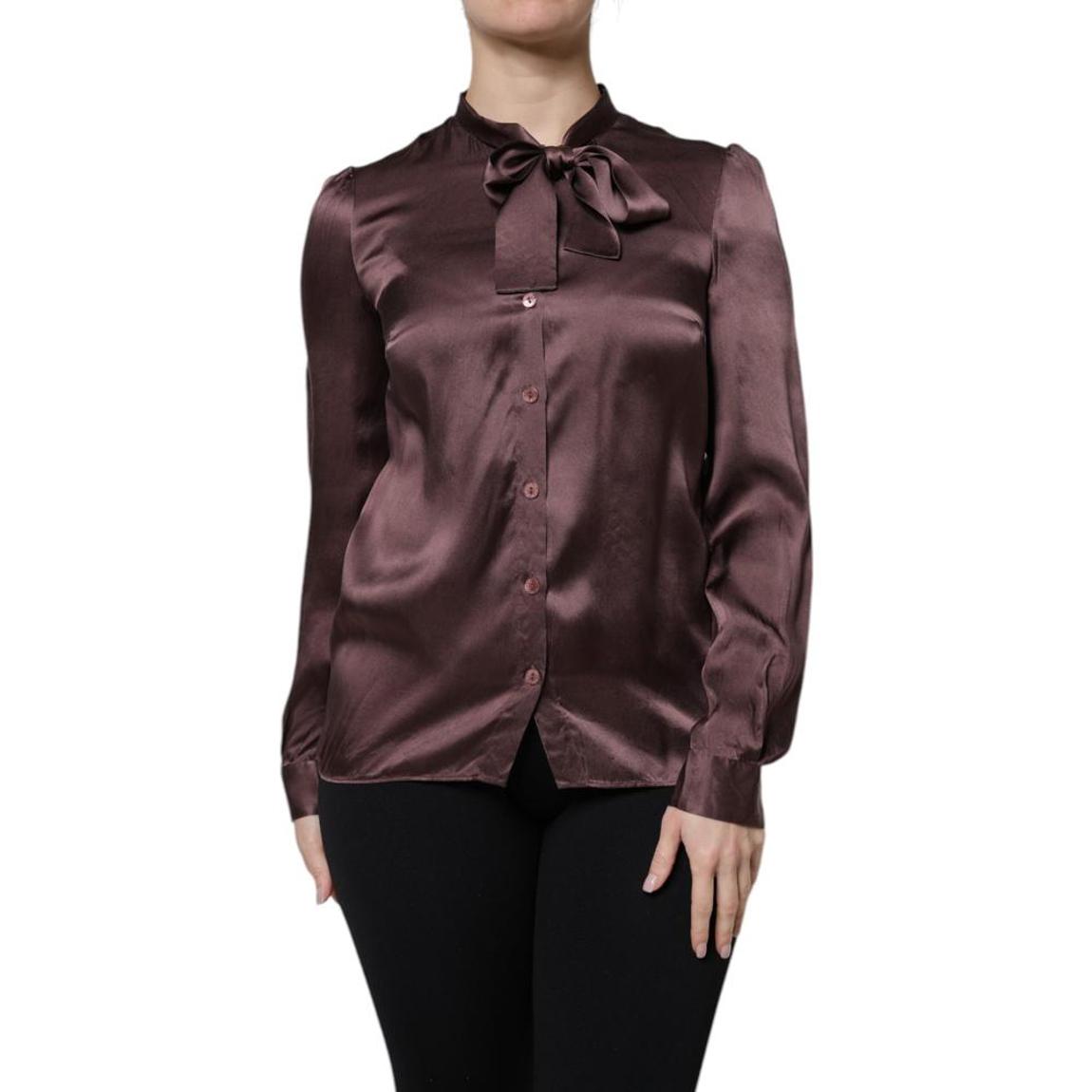 Silk Blouse Bow Tie Long Sleeves Wo - Brown Tops main product photo