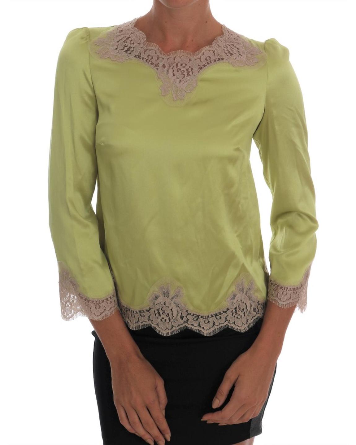 Lime Green Silk Blouse Lace Trim Wo Tops main product photo