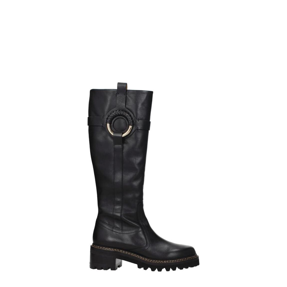 Mid-Heel Leather Boots with Aged Effect and Zip Closure - Black main product photo