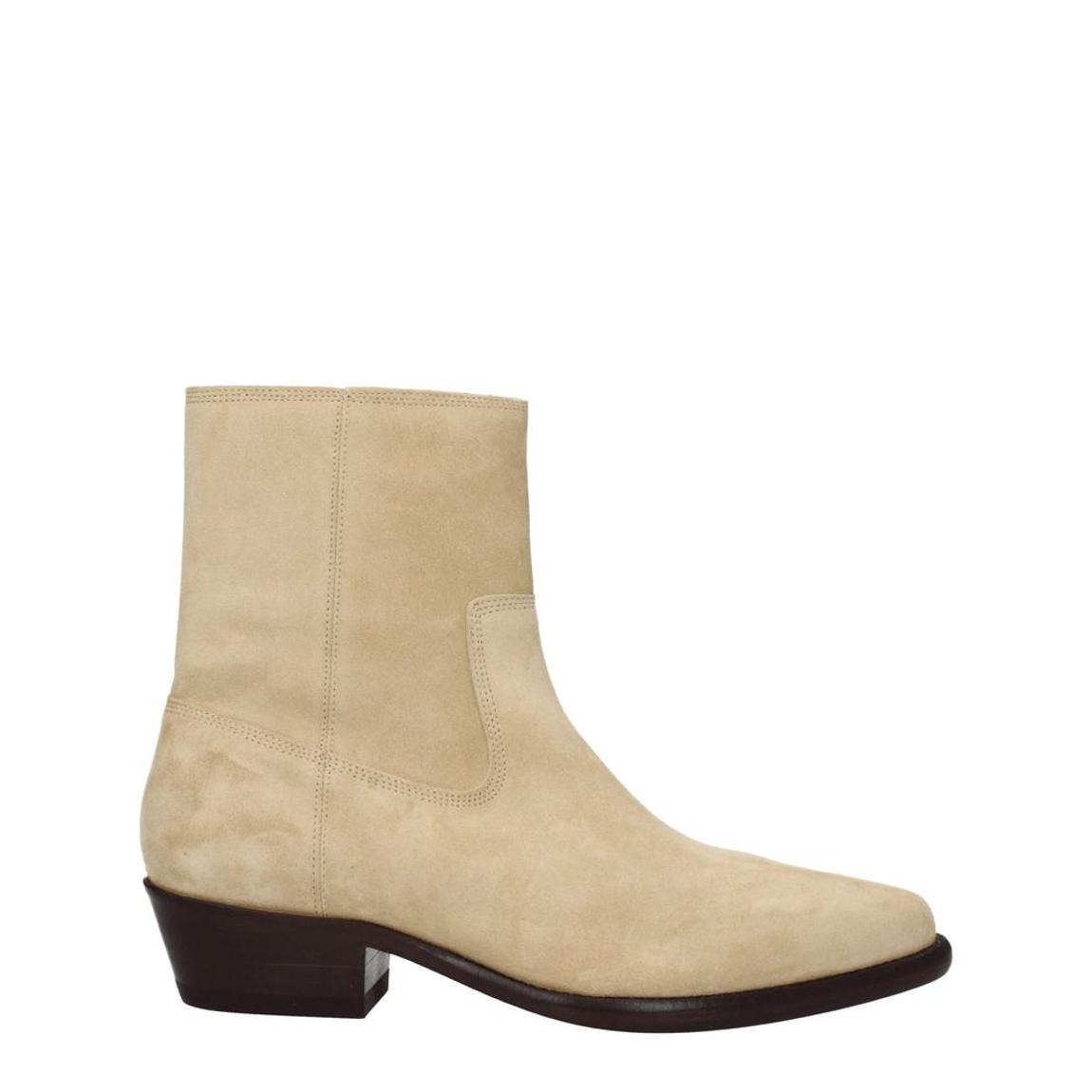 Suede Pointed Toe Ankle Boots with Mid Heels - Beige main product photo