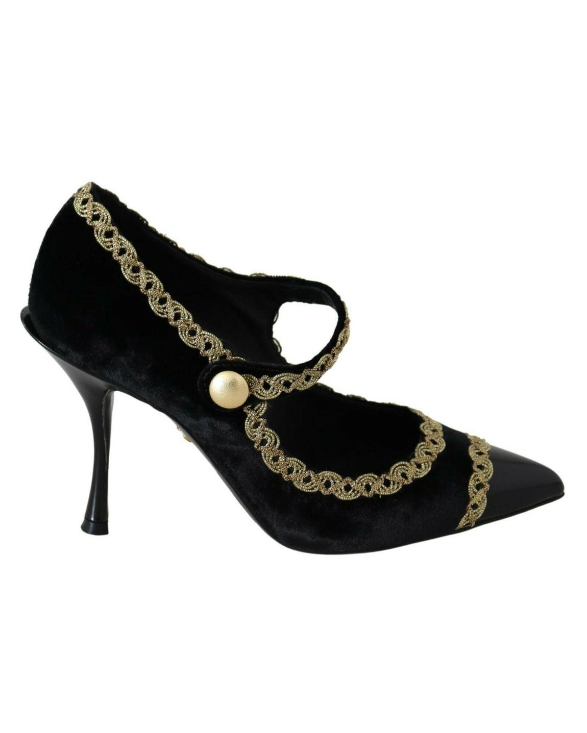 Velvet Pumps Gold Detail Mary Jane Style Wo - Black main product photo