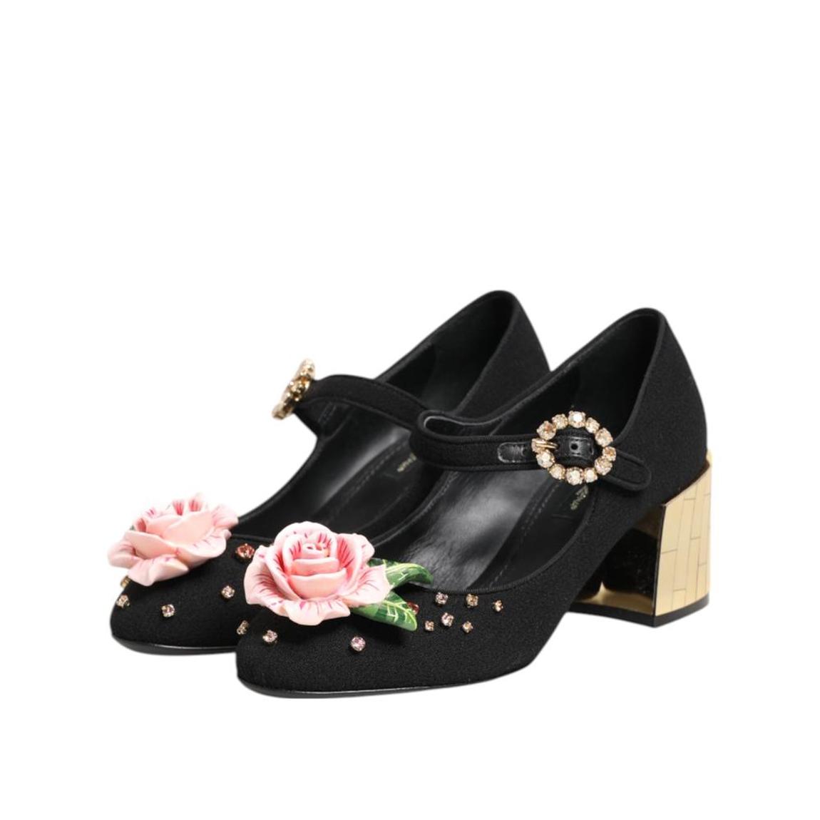Flower Crystal Embellished Mary Jane High-Heeled Shoes Wo - Black main product photo