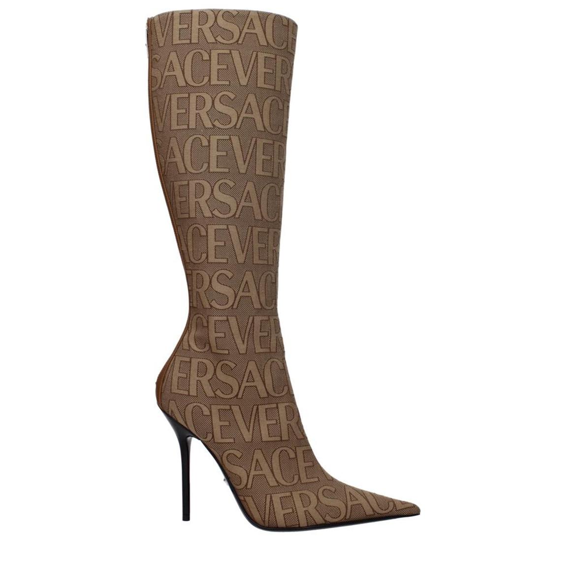 High Heel Pointy Toe Fabric Boots with Zip Closure - Beige main product photo