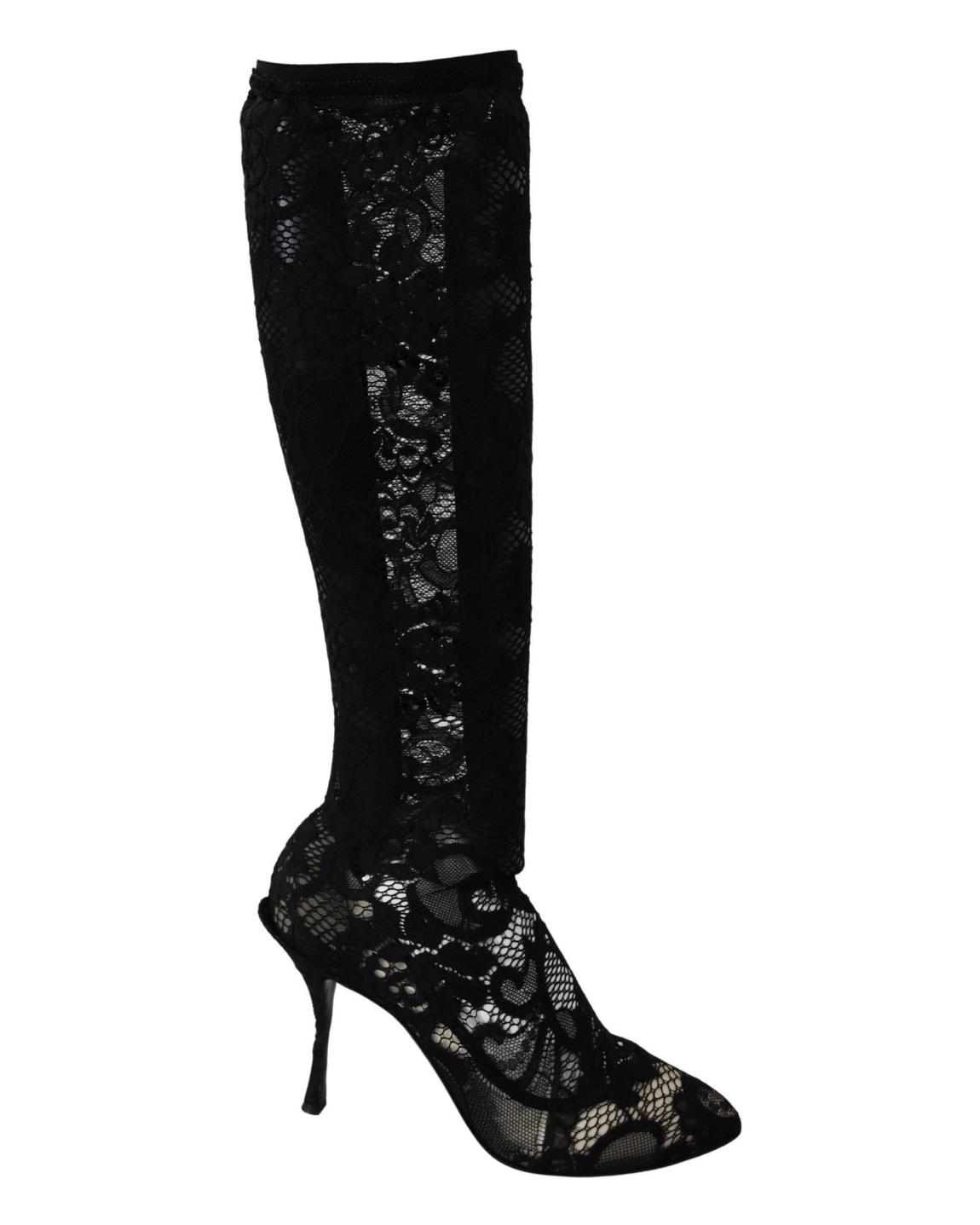 Floral Lace Knee High Boots - Black main product photo