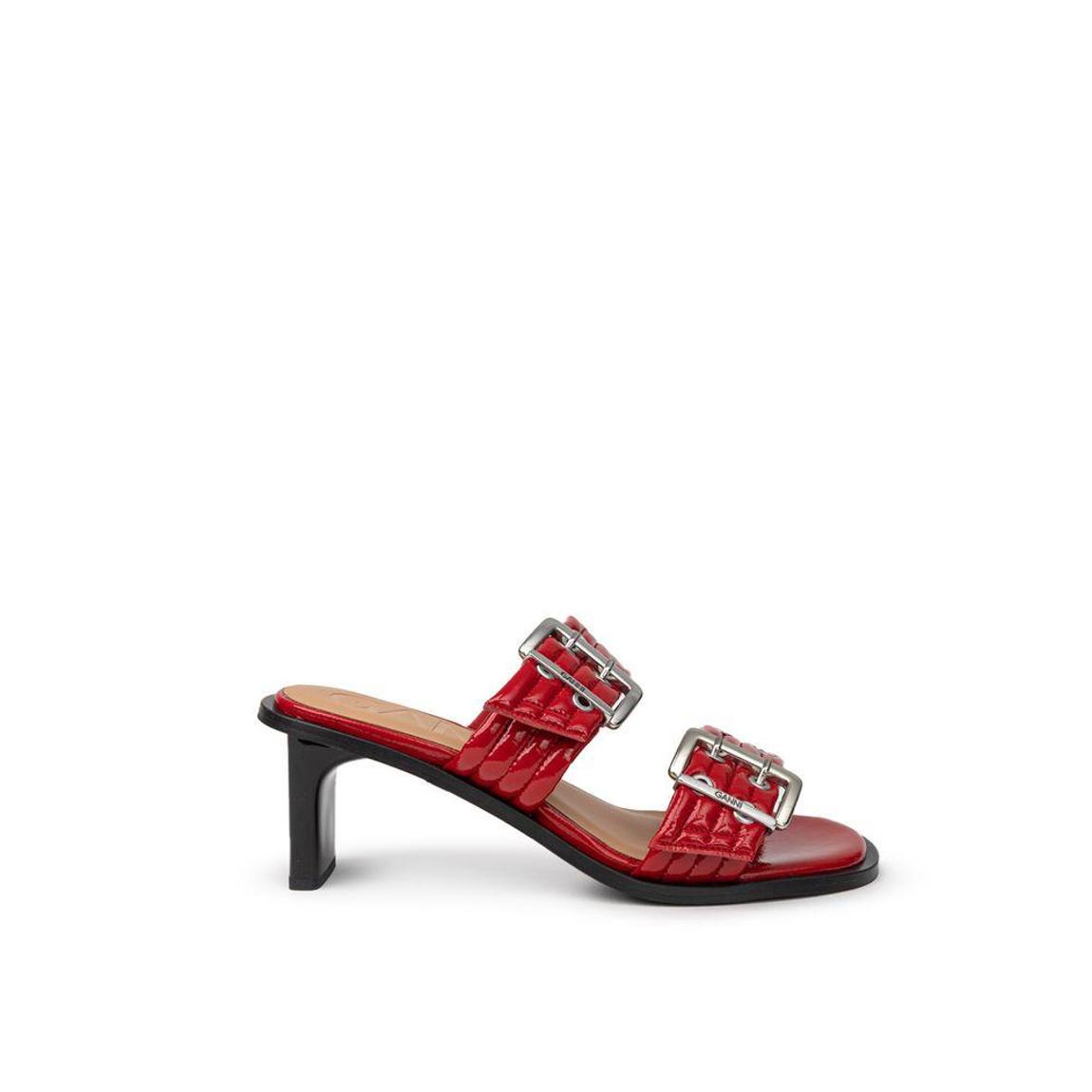 Leather Two-Band Mules with Perforated Studs and Buckles Wo - Red main product photo