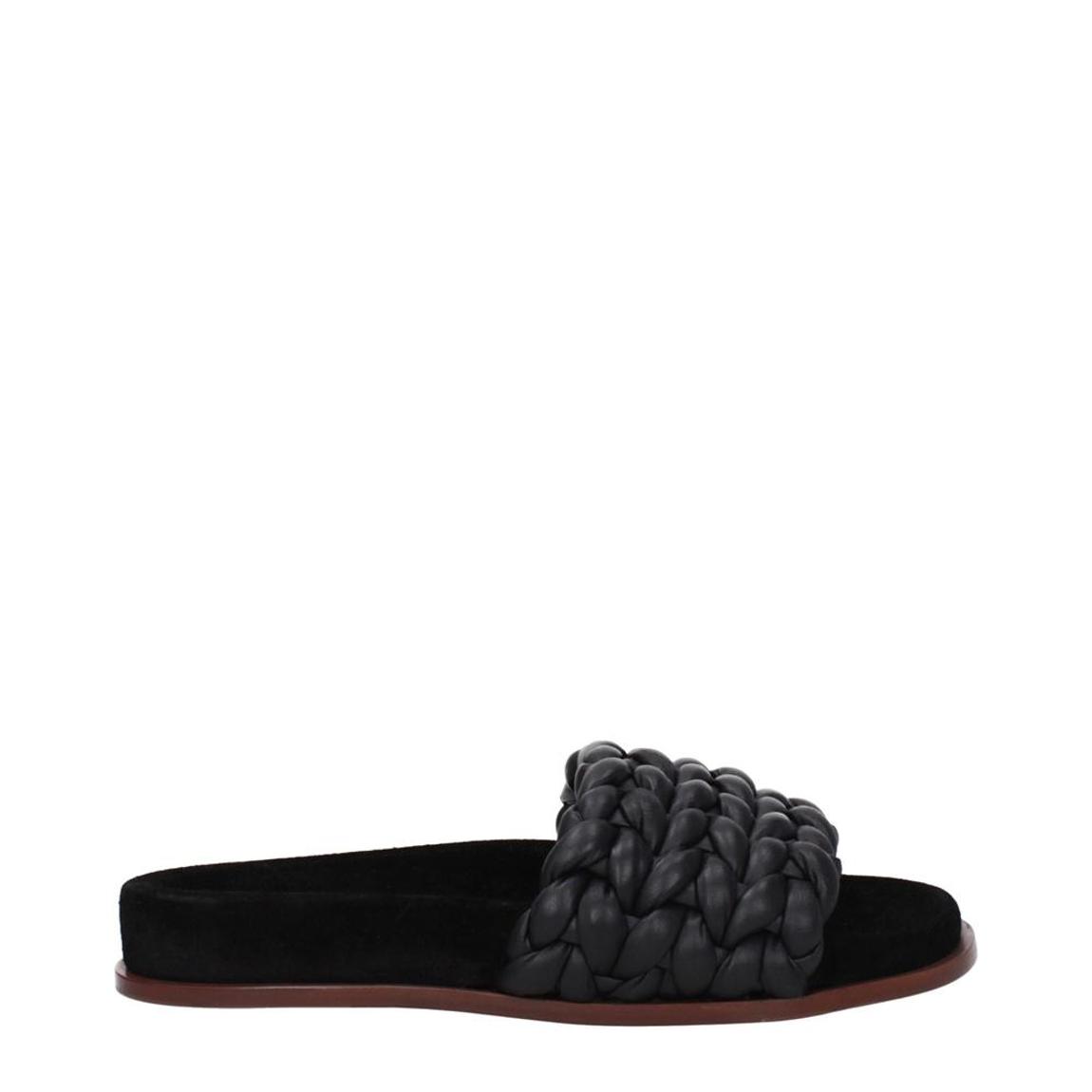 Leather Open Toe Slippers with Low Flat Heel - Black Sandals main product photo