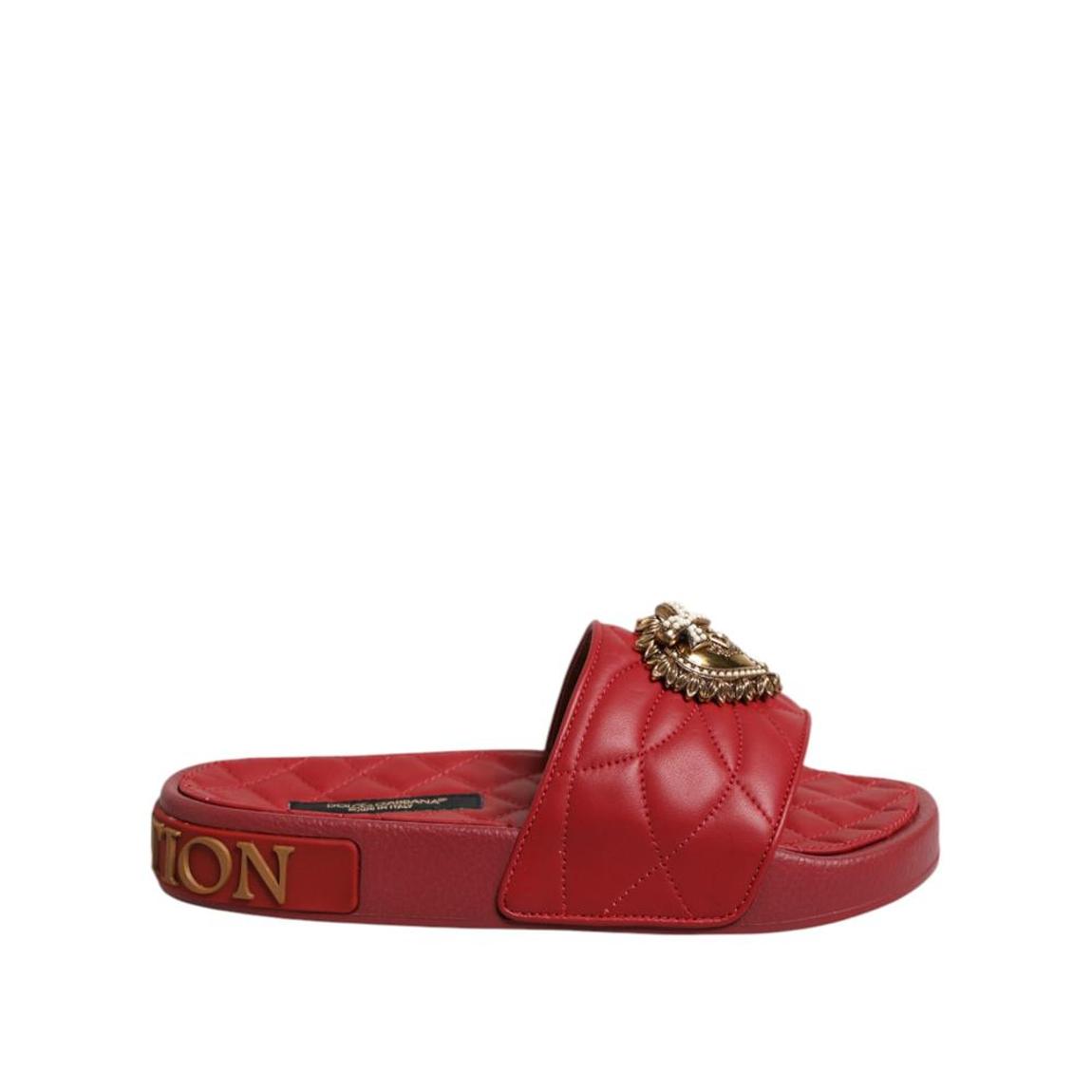 Devotion Matelasse Leather Slides with Heart Motif - Red Sandals main product photo