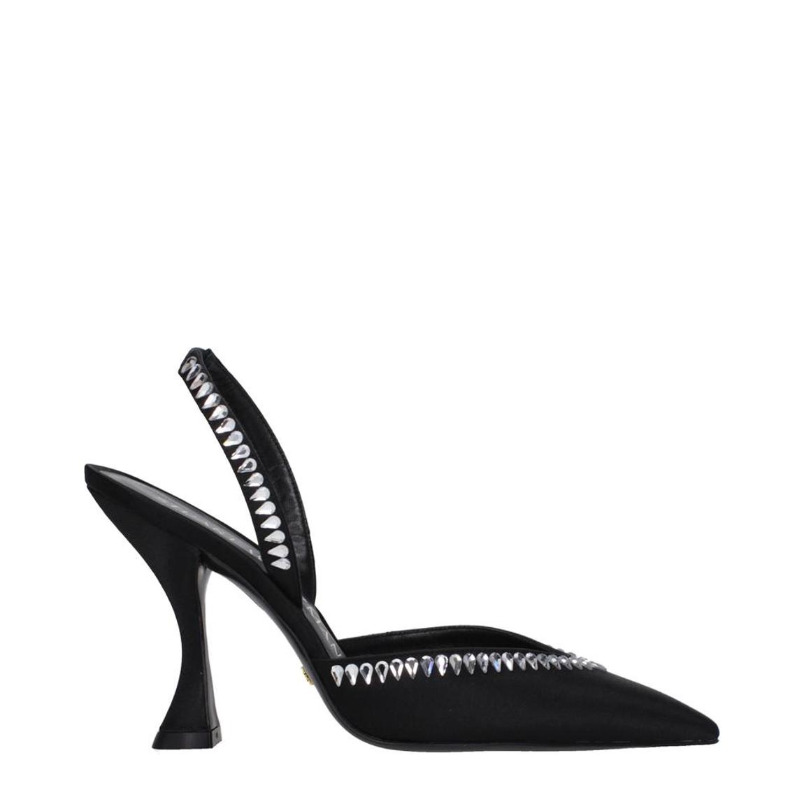 High Heel Satin Sandals with Rhinestone Detailing Wo - Black main product photo