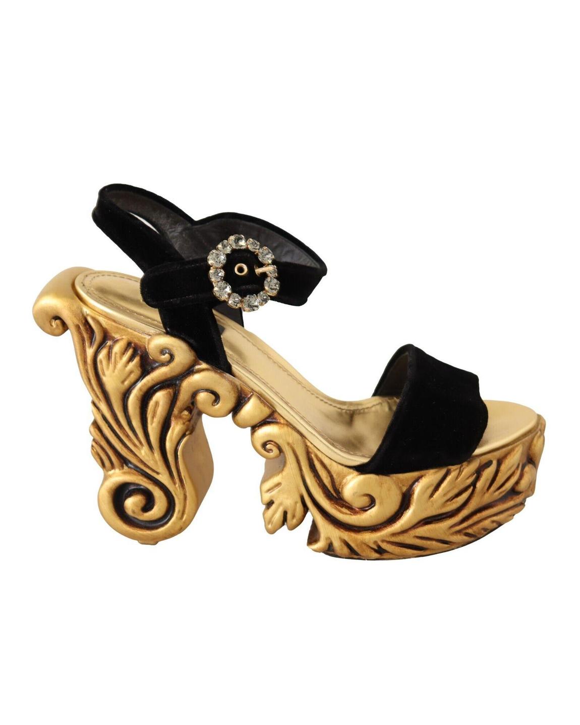Velvet Platform Sandals Baroquecarved Heel Wo - Black main product photo