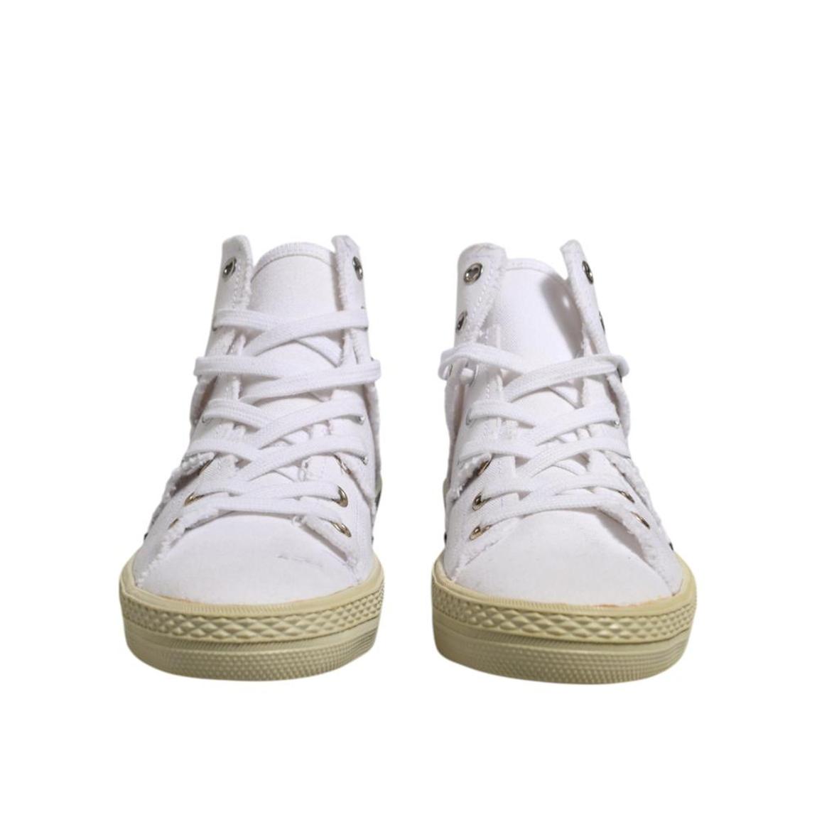 Lace Up Mid Top Canvas Sneakers with Leather Sole - White main product photo