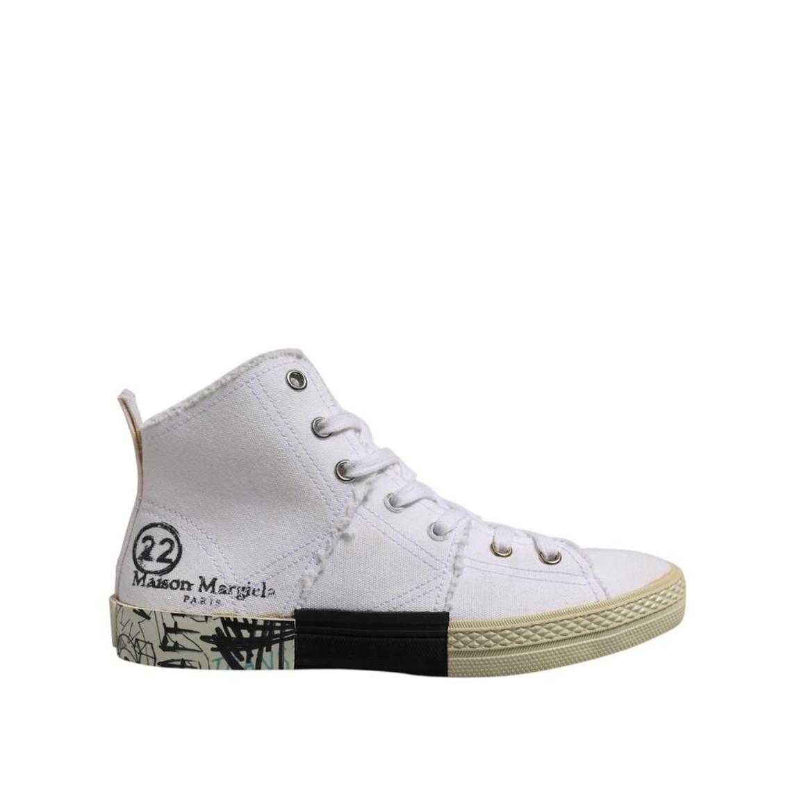 Lace Up Mid Top Canvas Sneakers with Leather Sole Wo - White main product photo