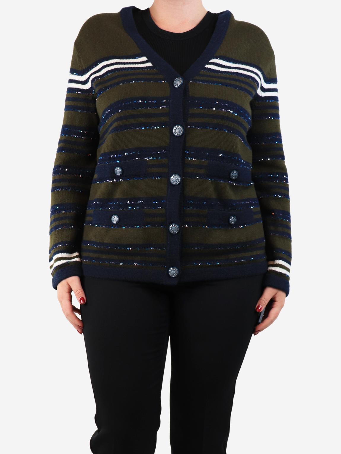 Khaki and navy sequin embellished cashmere cardigan main product photo