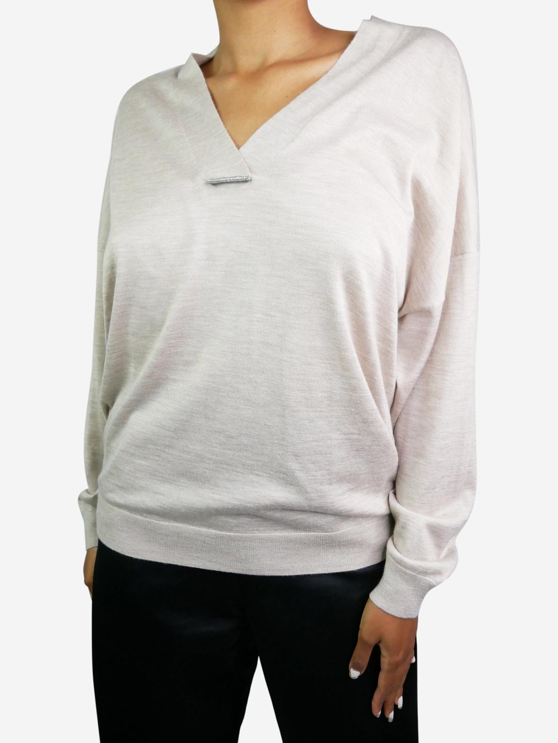 Neutral long-sleeved v-neck sweater main product photo