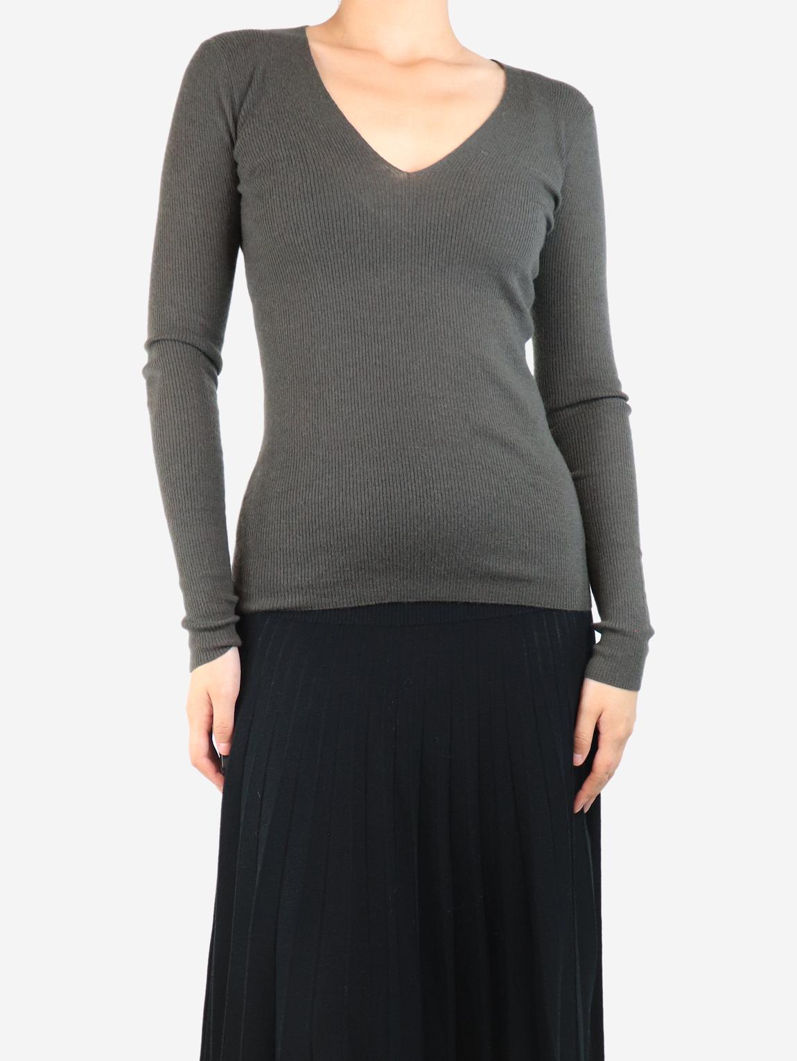 Khaki ribbed cashmere v-neck sweater main product photo
