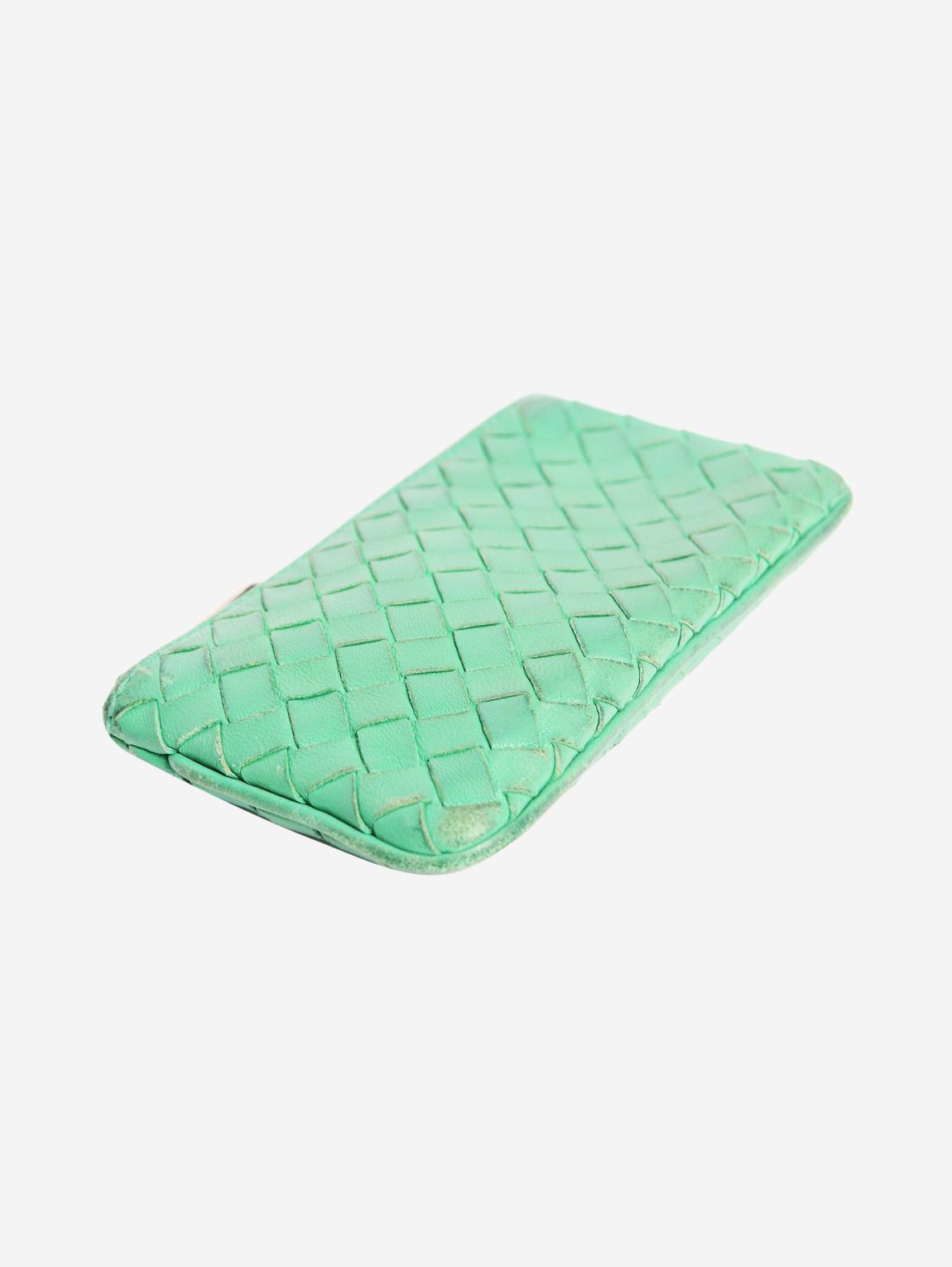 Green intrecciato leather zipped pouch main product photo