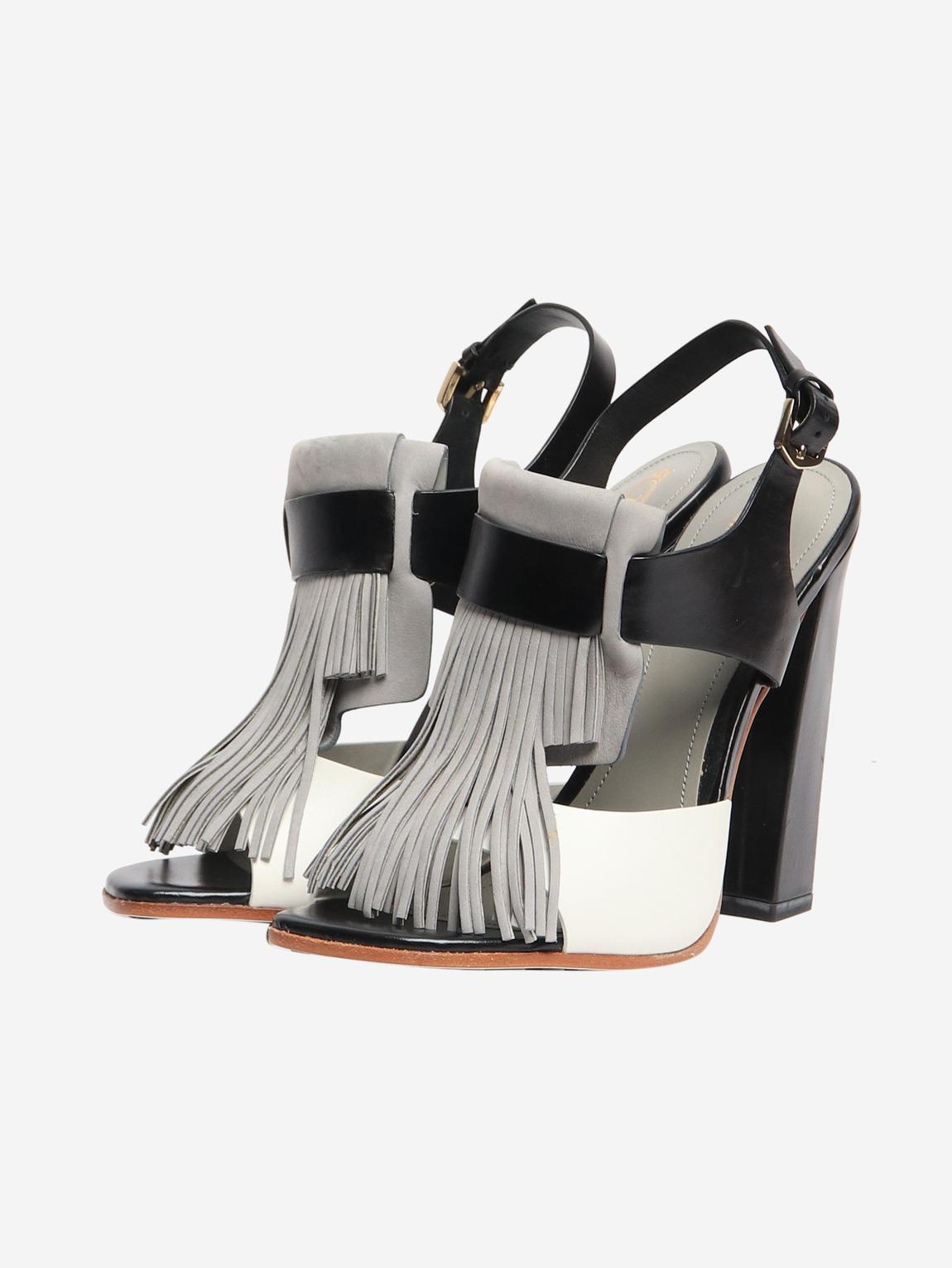 Grey and black leather fringe detail sandals main product photo