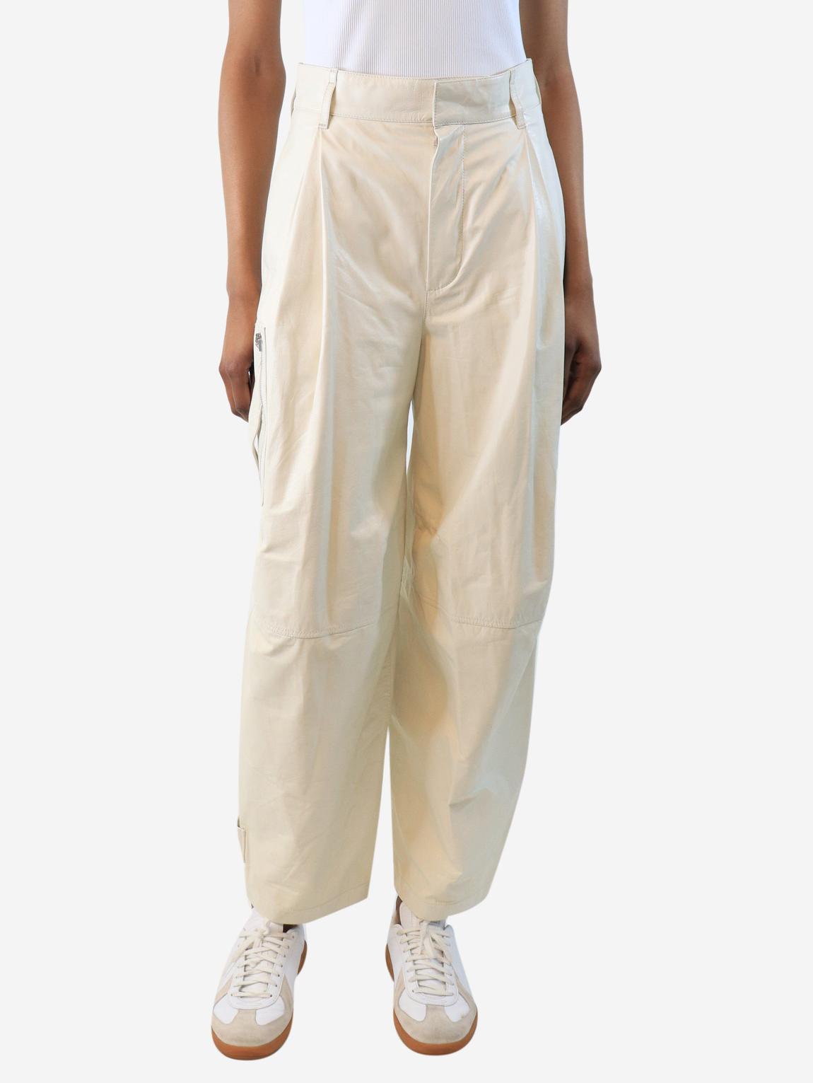 Cream leather barrel-leg cargo pants main product photo