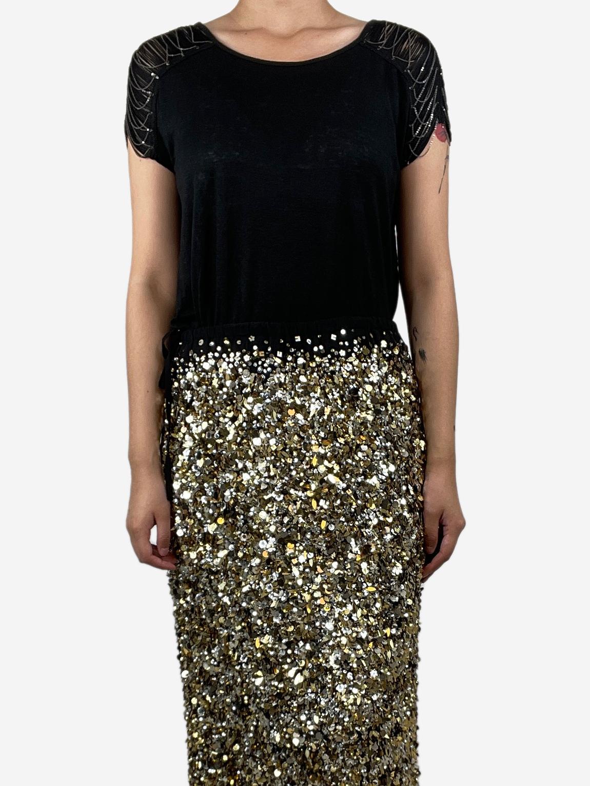Black chain embellished linen top main product photo