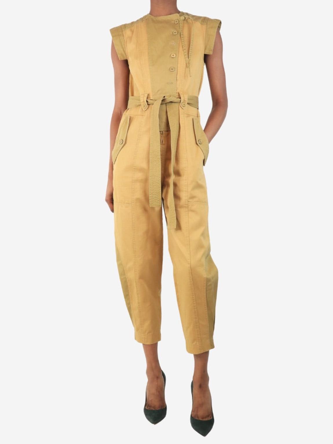 Camel brown sleeveless button down jumpsuit main product photo