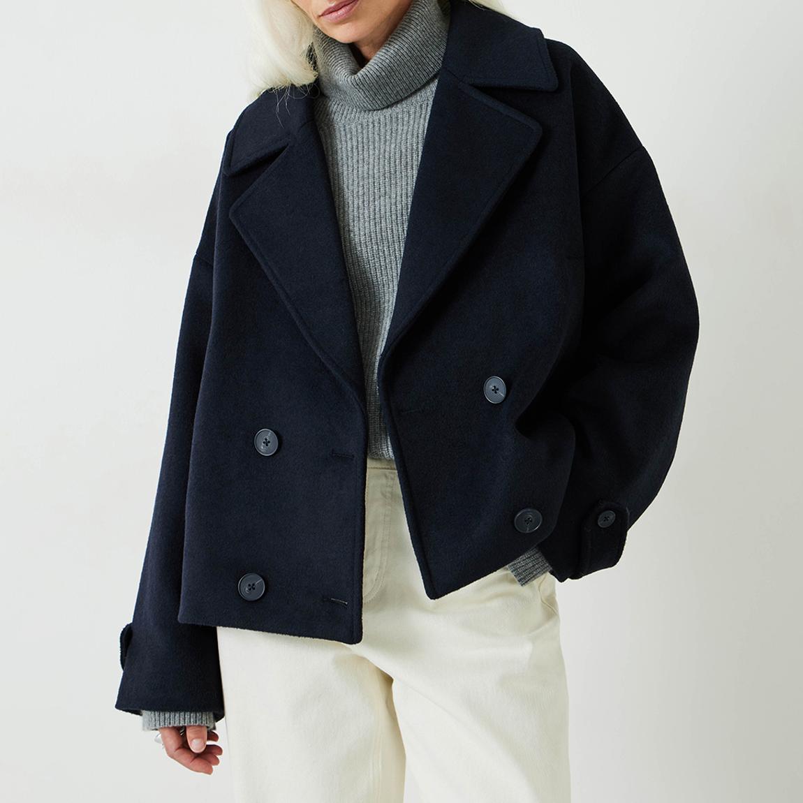 Navy Cropped Wool Blend Pea Coat main product photo
