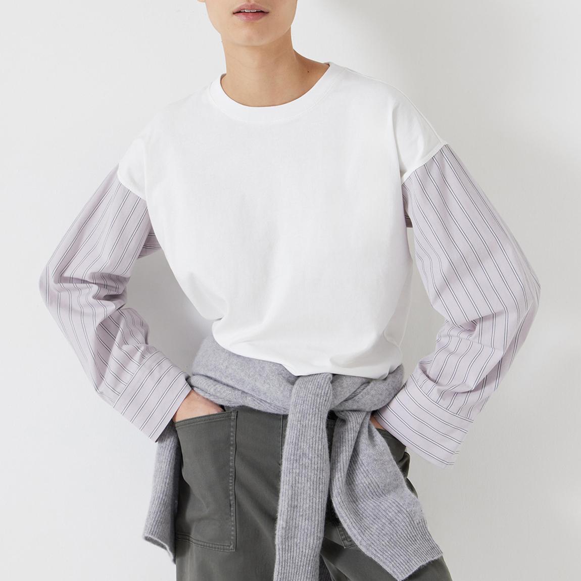 White Woven Mix Long Sleeve Cotton T-Shirt main product photo